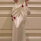 White Red Roses Decorated Satin Long Ball Gown Party Dress Evening Dress nv2319