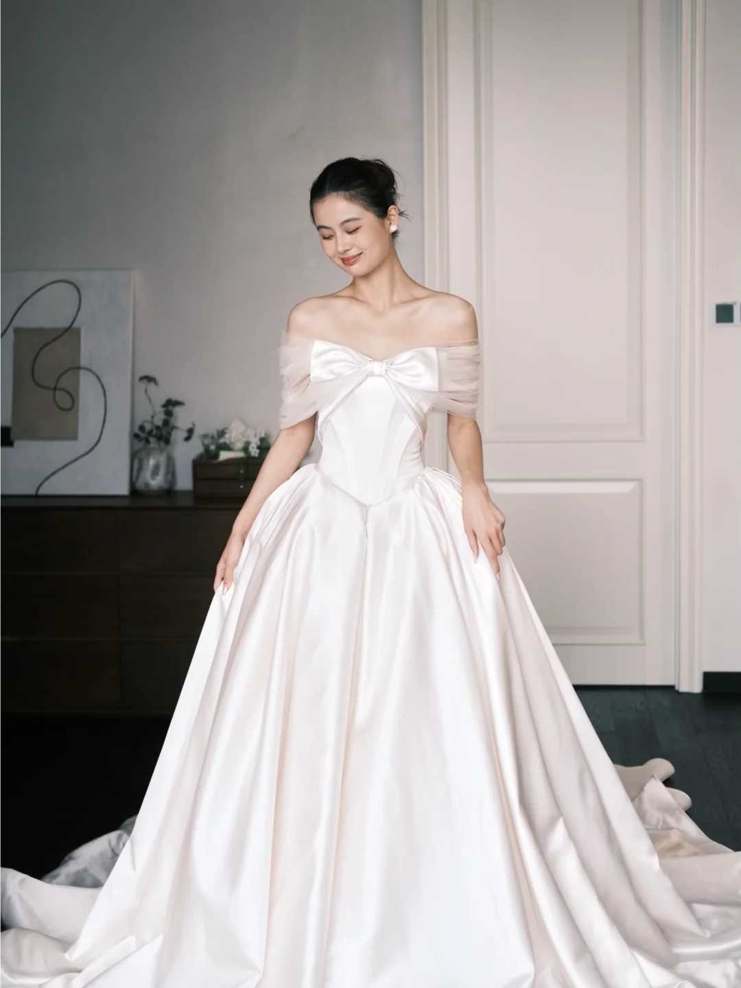 Off Shoulder Ivory Satin Wedding Gown, Tulle Sleeve Bow Corset Ballgown Bridal Dress  NV7391
