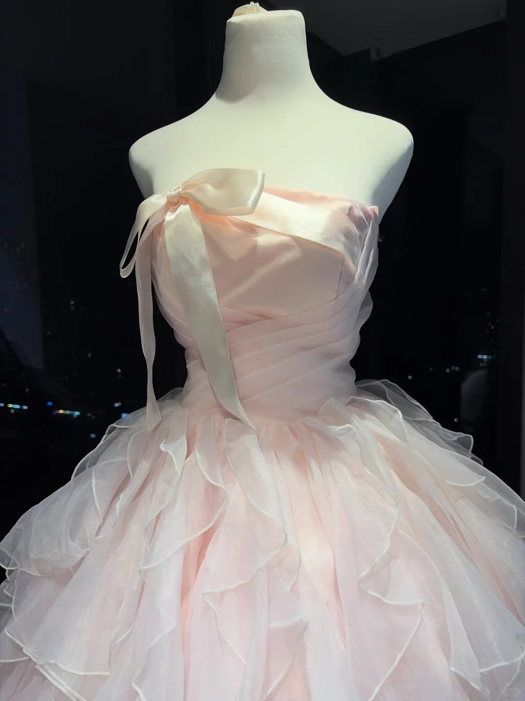 Dusty Pink Strapless Ball Gown Pleated Bodice Tiered Ruffle Tulle With Satin Bow Fairy Prom Dress  NV6938