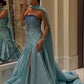 Blue gorgeous elegant sexy tube top ribbon with rhinestones long slit ball gown evening dress party dress nv2405