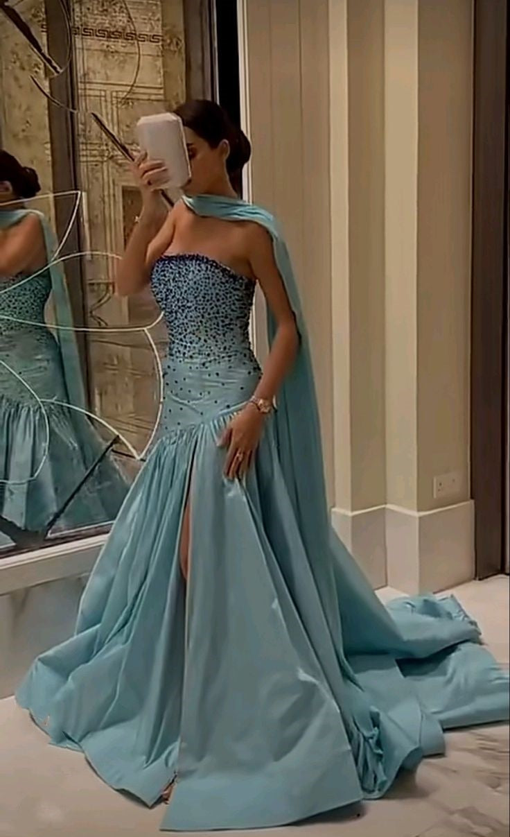 Blue gorgeous elegant sexy tube top ribbon with rhinestones long slit ball gown evening dress party dress nv2405