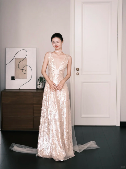 Nude Deep V Allover Sequin Prom Dress 3D Floral Evening Gown  NV7202