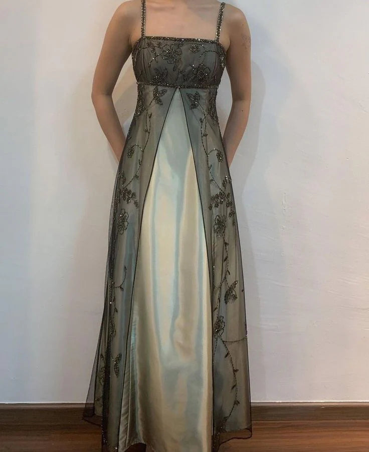 Brown Elegant Fashion Exquisite Spaghetti Strap Long Tulle Ball Gown Evening Dress Party Dress Prom Dress nv3978