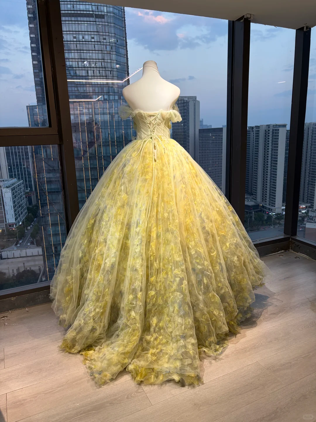 Pale Yellow Off Shoulder Floral Ball Gown, 3D Petal Appliques Tulle Long Formal Evening Prom Dress for Women  NV7036