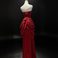 Burgundy Strapless Long Satin Formal Gown Draped Ruched Mermaid Evening Dress  NV6958