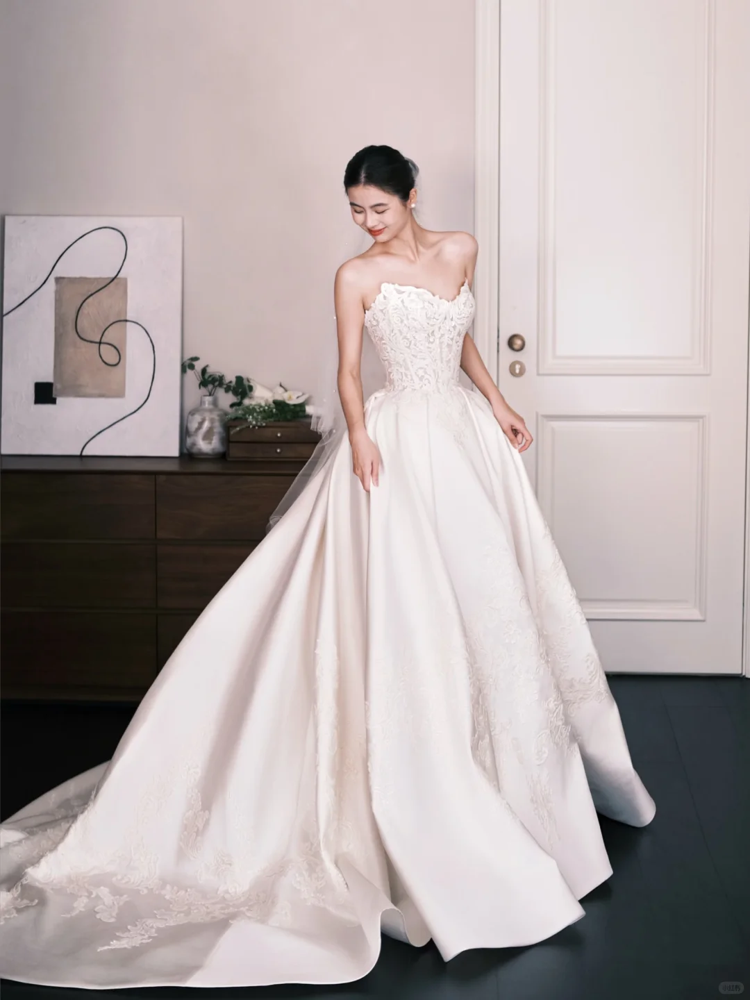 Sweetheart Strapless Satin Wedding Ball Gown, Lace Embroidery Bridal Dress  NV7328