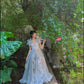 White colorful spots ruffle puff sleeve tulle long evening dress garden party dress nv2886