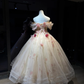 Off Shoulder Ivory Prom Dress 3D Pink Petal Floral Appliques Glitter Tulle Ball Gown  NV7046