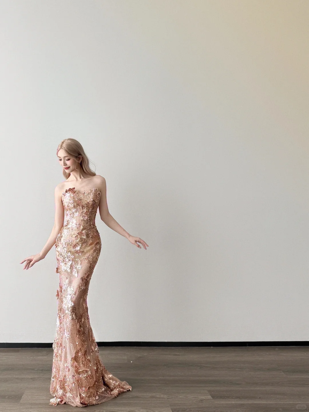 Strapless Champagne Gold Mermaid Prom Dress 3D Floral Sequin Gown  NV7120