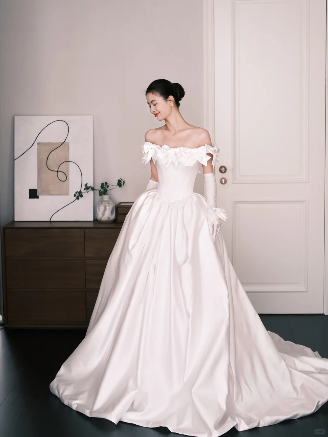 White Off The Shoulder Princess Satin Wedding Dress  NV7232