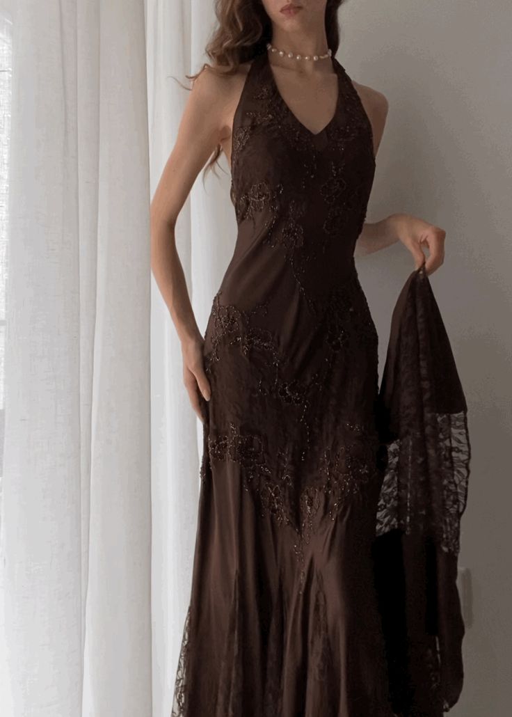 Brown vintage elegant suspender lace spaghetti strap long satin ball gown evening dress nv1375