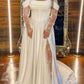 Cream Satin Off-the-Shoulder Lace Sleeve Slit Floor-Length Elegant Wedding Dress NV6232