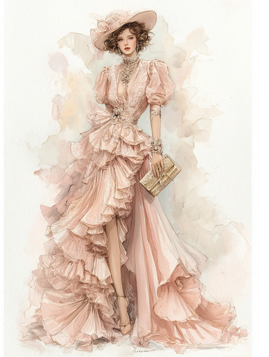 Dusty Pink Vintage Lace Tiered Ruffle High Slit Prom Evening Gown  NV7409