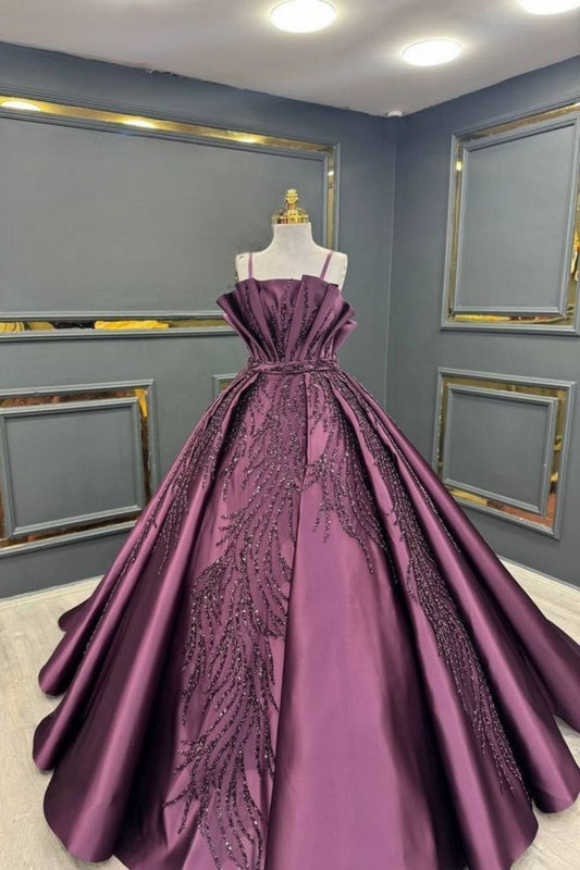 NiceVestidos-Purple Beaded Long Satin Ball Gown NV6124