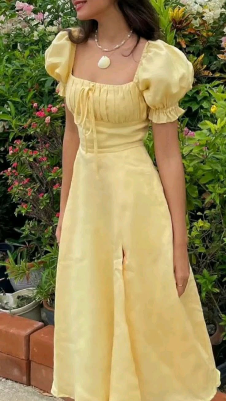 Yellow Elegant Long Puff Sleeve Slit Prom Dress Birthday Dress Evening Dress Wedding Guest Dress nv1710