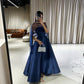 Blue Tulle Sequin Cape Satin Long Evening Gown Prom Dress nv2741