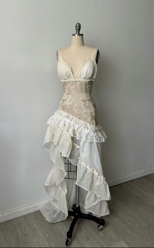 Off-White Lace V-Neck Asymmetrical Ruffle Gown  NV6249