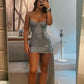 Silver Spaghetti Strap Sequin Short Mini Party Dress Homecoming Dress Evening Gown nv2408