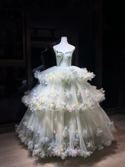 Mint Green Strapless Tulle Ball Gown, Corset Dress with Big Bow & 3D Butterfly Petal Appliques  NV7087
