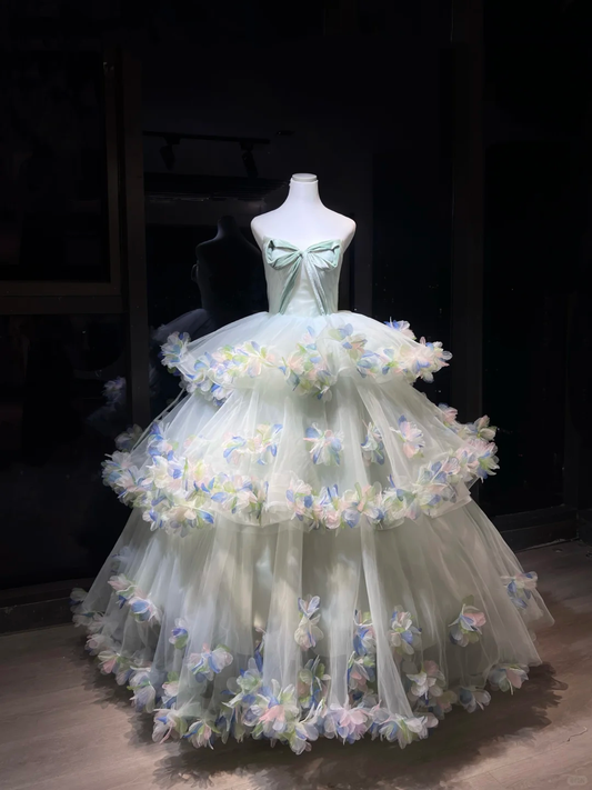 Mint Green Strapless Tulle Ball Gown, Corset Dress with Big Bow & 3D Butterfly Petal Appliques  NV7087