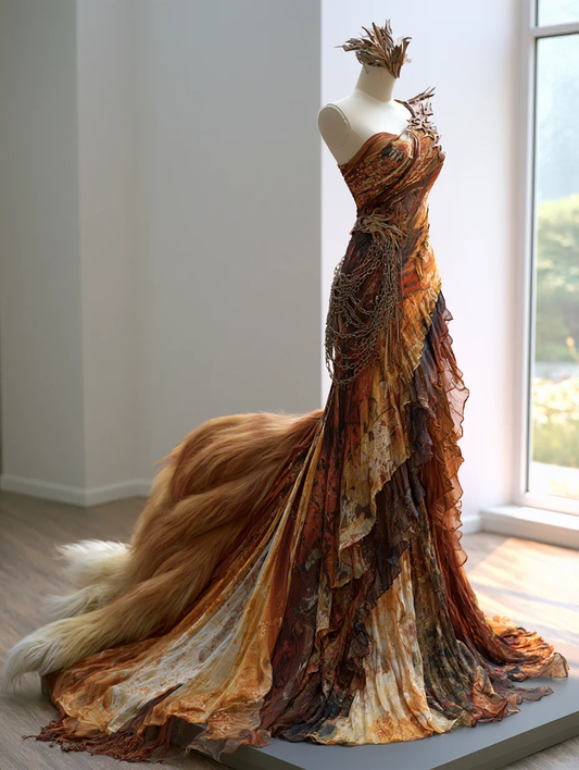 Brown Orange One Shoulder Fox Tail Mermaid Fantasy Gown  NV7474