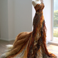 Brown Orange One Shoulder Fox Tail Mermaid Fantasy Gown  NV7474