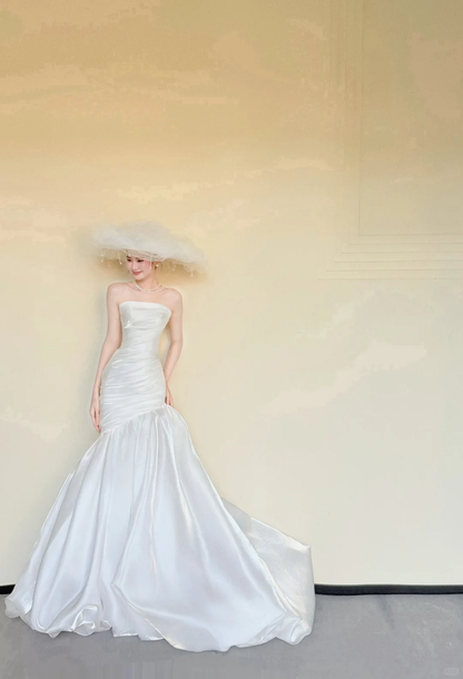 Strapless Ruched Satin Mermaid Wedding Gown, Simple Bridal Dress with Train  NV7416