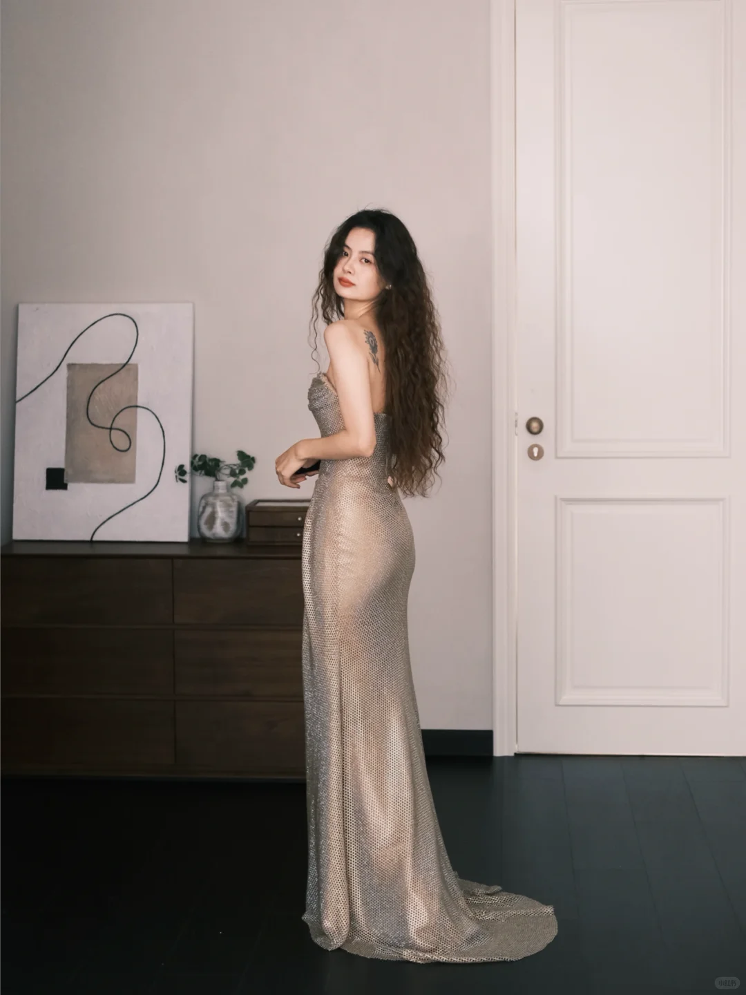 Strapless Champagne Rhinestone Mesh Prom Dress with High Side Slit  NV7378