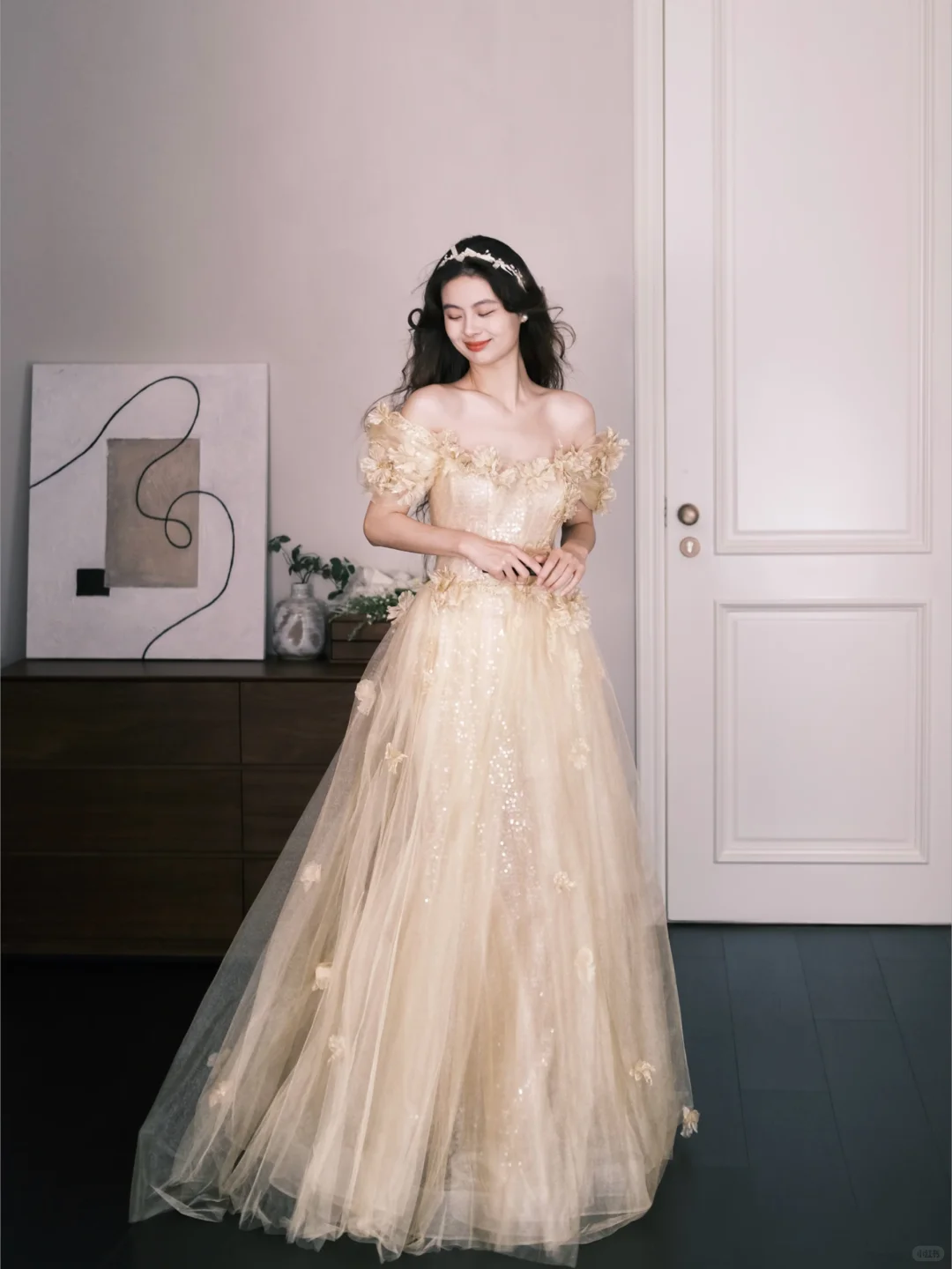 Off-the-Shoulder Champagne Sequin Tulle Prom Dress, 3D Flower Princess Ball Gown  NV7309