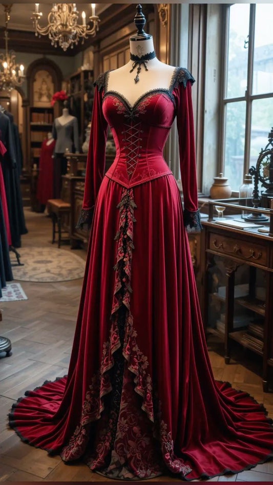 Burgundy Applique Exquisite Lace Long Velvet Prom Dress Evening Dress Party Dress nv4869