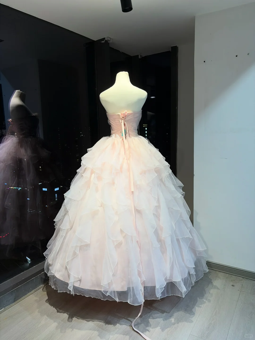 Dusty Pink Strapless Ball Gown Pleated Bodice Tiered Ruffle Tulle With Satin Bow Fairy Prom Dress  NV6938