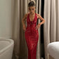 Red Rose Sequined Halter V Neck Mermaid Long Prom Gown Evening Gown Party Dress nv1837