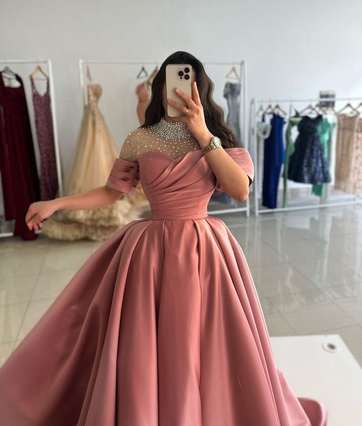 Pink Shiny Sequins Long Elegant Satin Prom Dress Evening Dress Graduation Dress nv2986