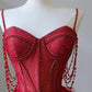 NiceVestidos--Red Spaghetti - Strap Beaded Tulle Gown, Romantic Layered Train Banquet Dress NV5758