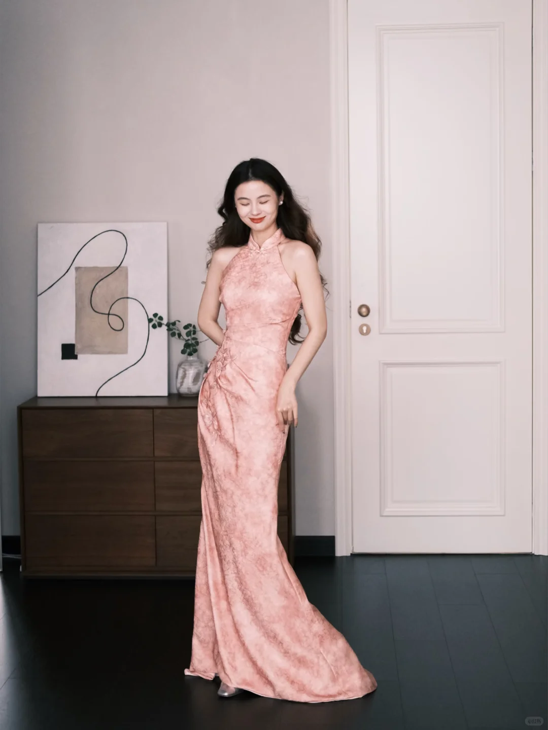 New Chinese Cheongsam Evening Dress Halter Pink 3D Floral Mermaid Gown  NV7250