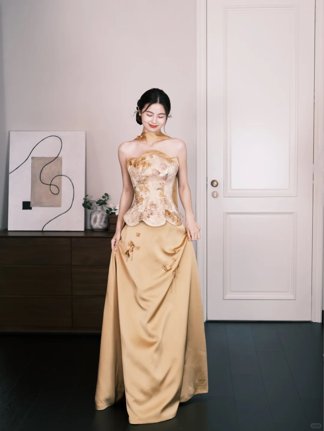 Gold Chinese Style Floral Satin Evening Gown, Strapless Corset Reception Dress  NV7292