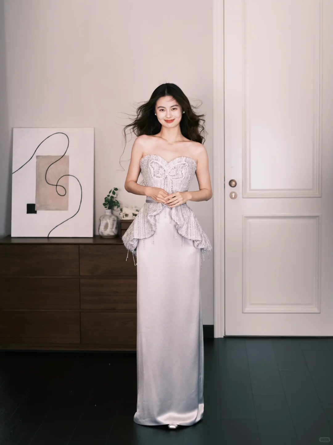 Strapless Silver Butterfly Beaded Evening Gown, Tweed & Satin Formal Prom Dress  NV7297