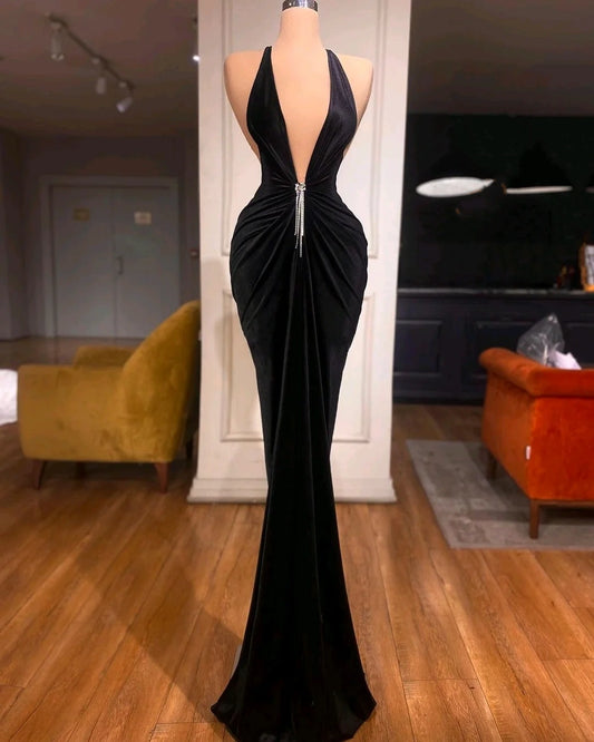 Black Simple Chic Backless Deep V Neck Beaded Pleated Sleeveless Mermaid Long Formal Evening Ball Gown nv2037