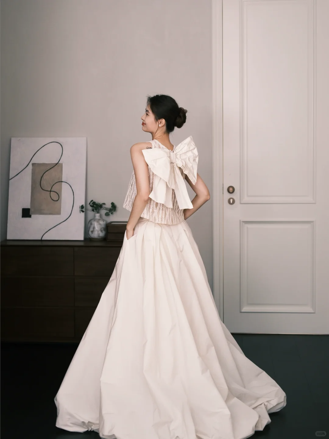 Two Piece Halter Lace Satin Wedding Dress with Back Bow and Pockets  NV7381