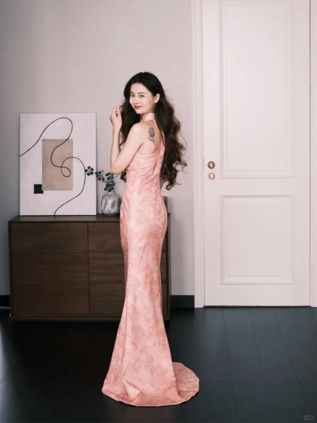 New Chinese Cheongsam Evening Dress Halter Pink 3D Floral Mermaid Gown  NV7250