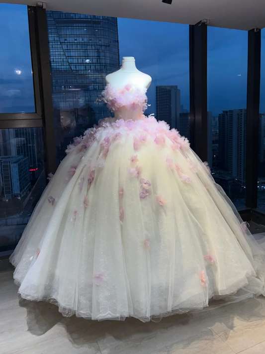 Ivory Pink Purple Ombre Strapless Princess Ball Gown 3D Flower Glitter Tulle Lace Long Evening Gown  NV7009