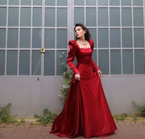 Red simple square neck elegant charming long sleeve long wedding dress ball gown evening dress nv2841