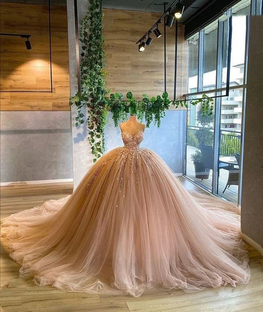 Warm Apricot Garden Strapless Lace Ball Gown Evening Dress NV6564