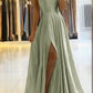 Sage Straps Long Prom Dress Front Split nv1550