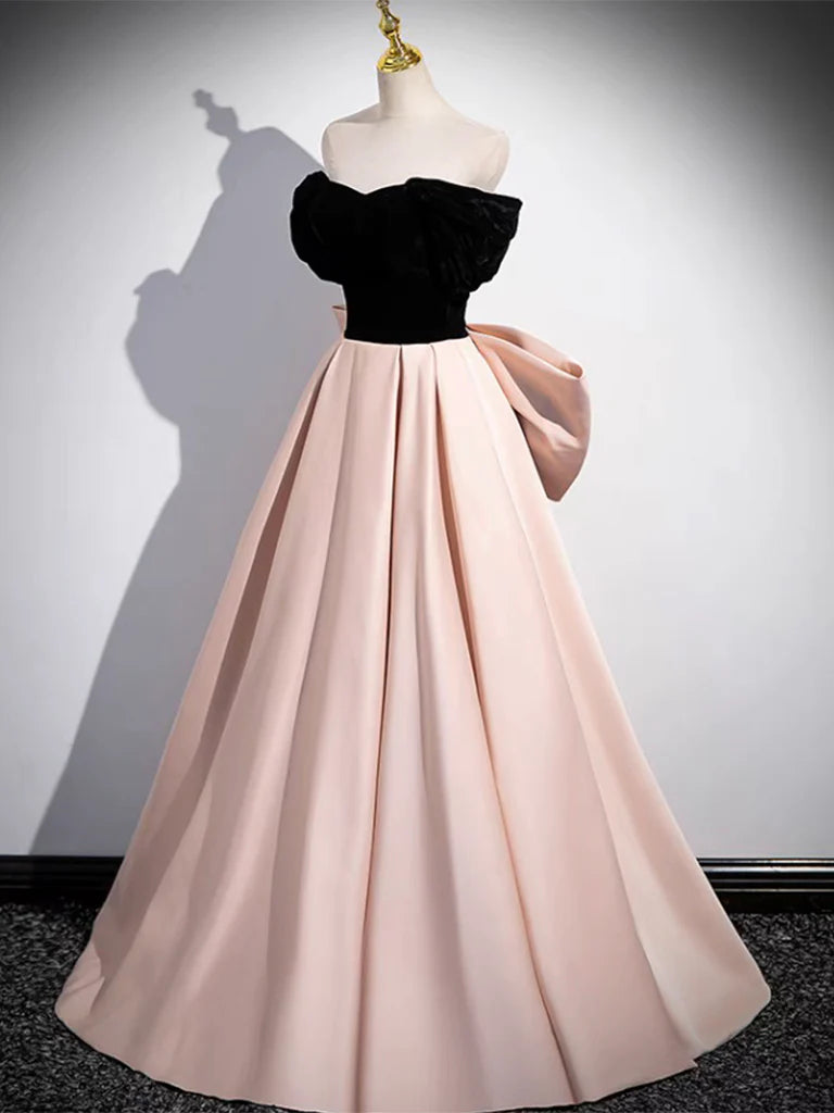 A-Line Sweetheart Neck Off Shoulder Satin Velvet Champagne Long Prom Dresses nv1682