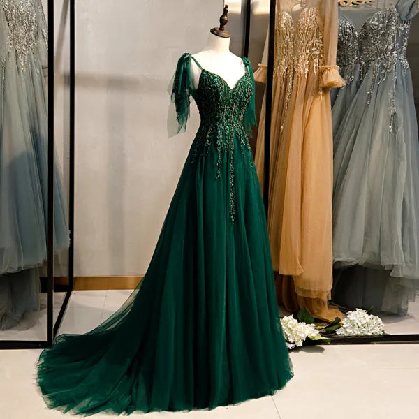 A-Line Off Shoulder Tulle Lace Dark green Long Prom Dress Long Evening Dress nv1648
