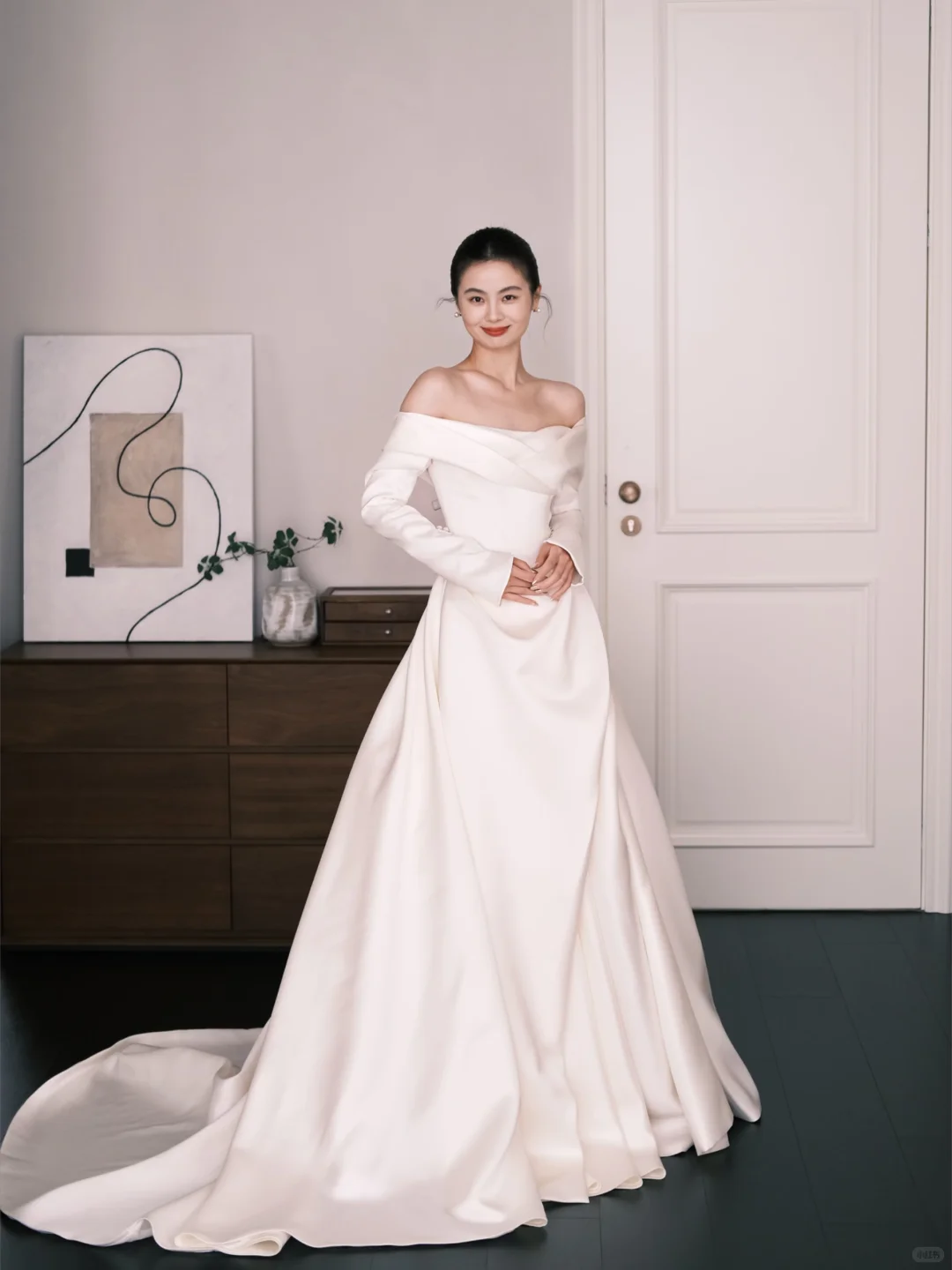 White Off The Shoulder Long Sleeve Satin Wedding Dress  NV7231