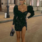 Black glitter sequins puff sleeves long sleeves short prom dress sweetheart fashion party dress homecoming dress nv2177