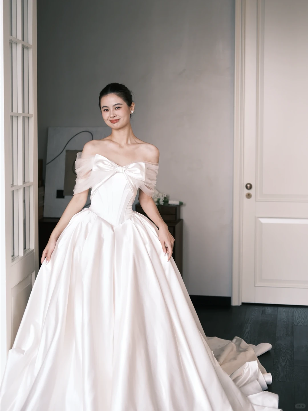 Off Shoulder Ivory Satin Wedding Gown, Tulle Sleeve Bow Corset Ballgown Bridal Dress  NV7391