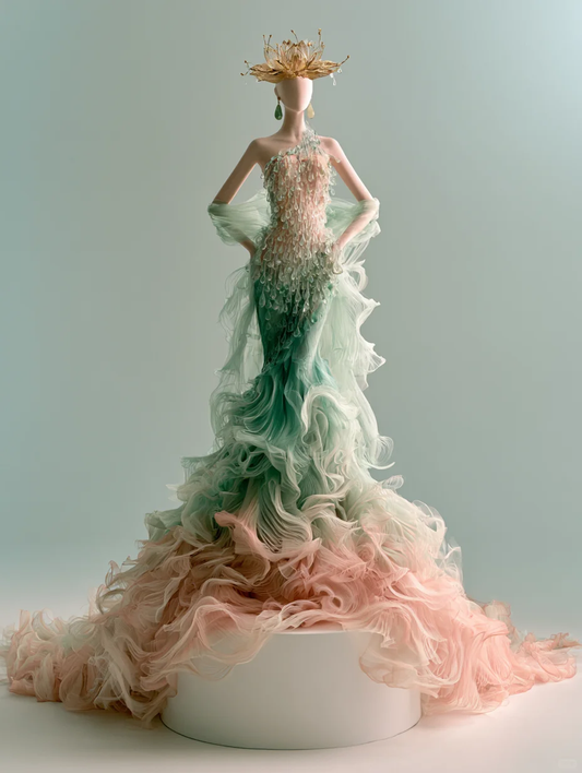 Mint Green Peach Pink Gradient One Shoulder Beaded Mermaid Gown  NV7478